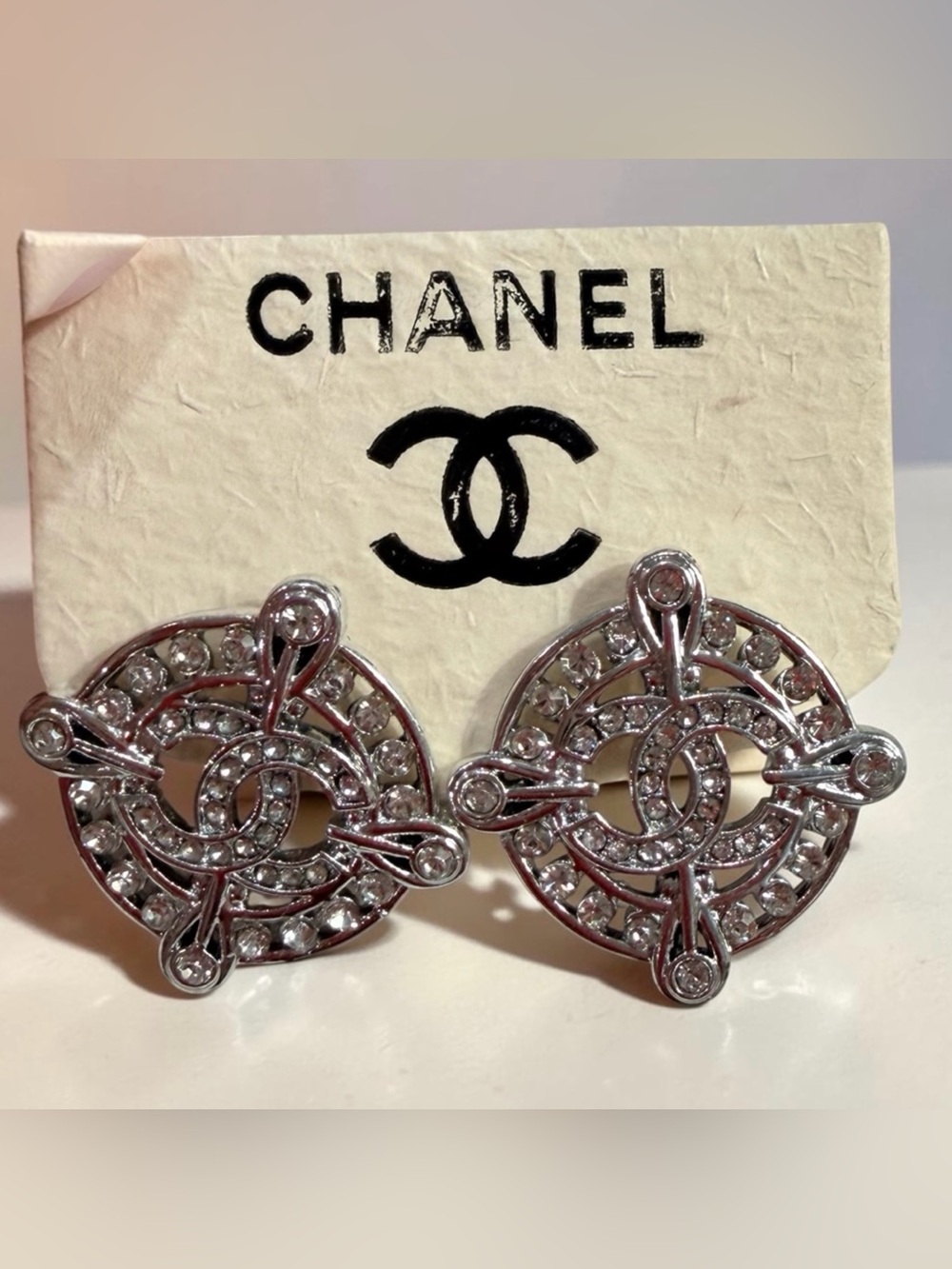 Silver Crystal Interlocking CC Round Earrings | New